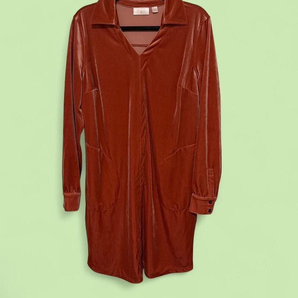 Belle by Kim Gravel Rust Velvet Collared Split-Neck Tunic Shirt Dress Medium M